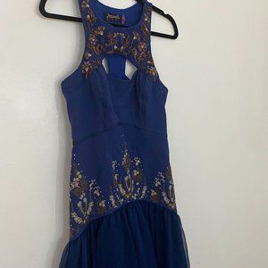 Free People, high-low dress, size 2, blue with gold beads/floral detailing